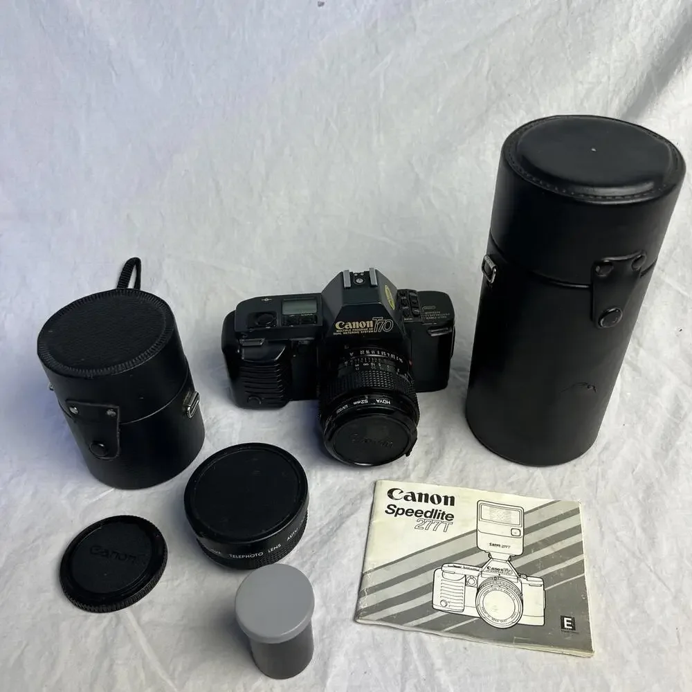 Canon T70 35mm Film SLR Camera w/3 lenses Tested Working*